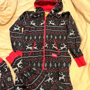 Tipsy Elves Black and Red Fair Isle Zip Onesie